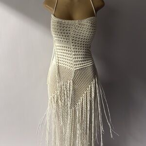 Crochet Fringe Maxi Dress - Cream